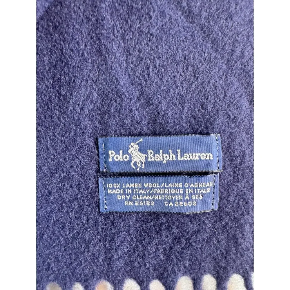 Polo Ralph Lauren Scarf Navy 100% Lambswool Fringe Italy Red Pony Logo Unisex